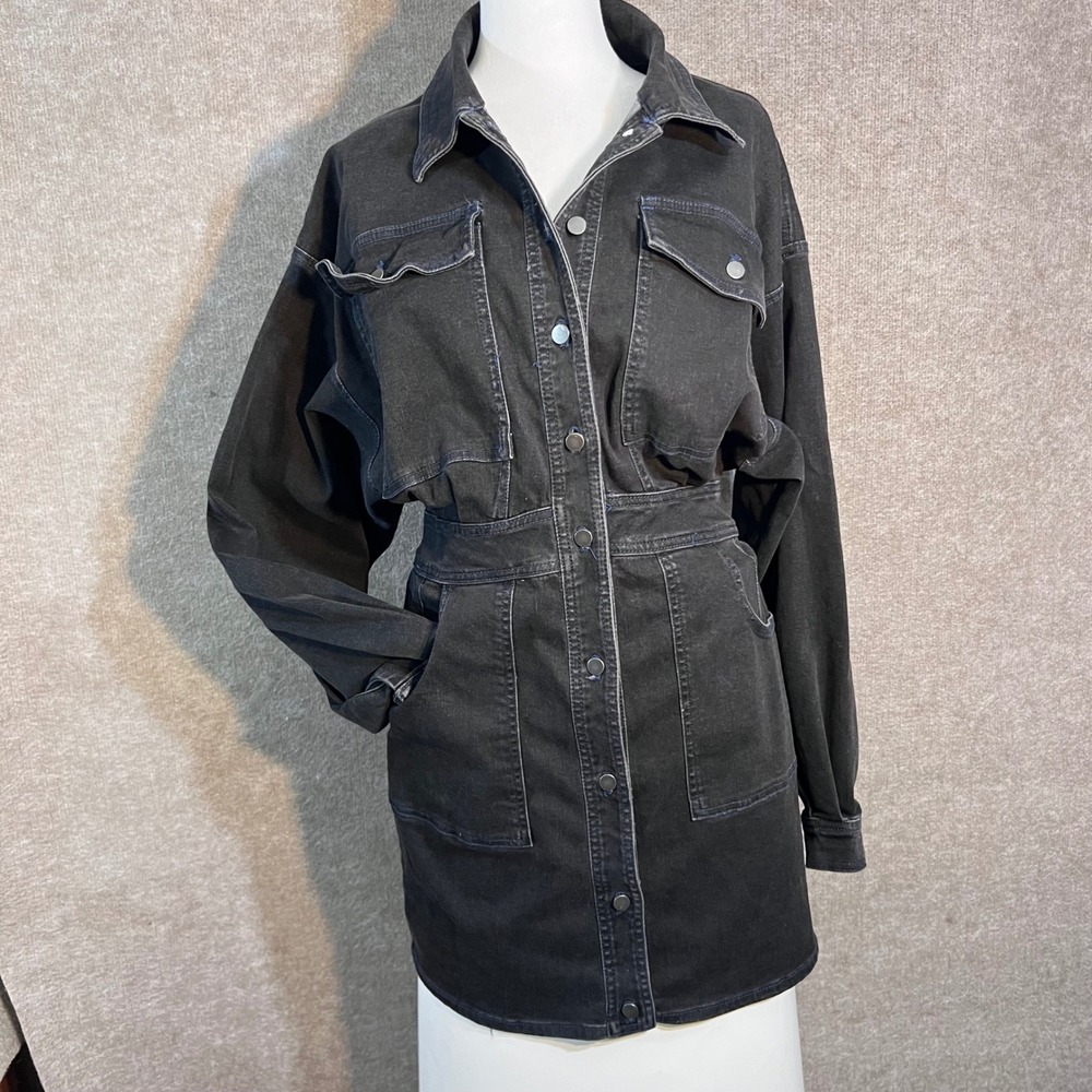 Free People Denim Shirt Dress M Midnight Black Utility Button Front Mini Western